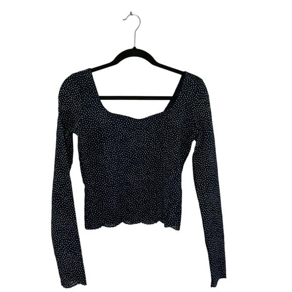 GUESS Navy Polka Dot Long Sleeve Mesh Overlay Top — Size M - Picture 1 of 4